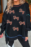Women's Black Sequin Joy Graphic Sweatshirt with Contrast Seam, Drop Shoulder Style for a Trendy Casual Look