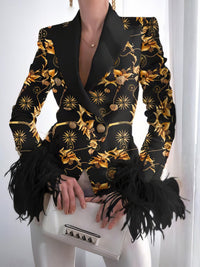 Fashion Print Button Long Sleeve Feather Blazer