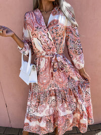 Fashion Print V Neck Long Sleeve Midi Dress