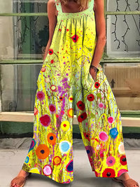 Fashion Printed Loose Strap Wide-Leg Jumpsuits