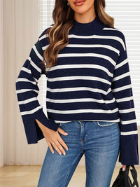 Fashionable Turtleneck Sweater With Bell Sleeves And Striped Cuffs