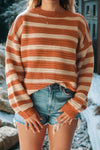 Cozy Women's Orange Striped Ribbed Drop Shoulder Sweater for Trendy Casual Chic Outfits and Effortless Style