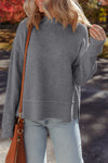 Women's Cozy Medium Grey Ribbed High Neck Sweater with Waffle Texture and Drop Shoulder Design for Chic Everyday Style