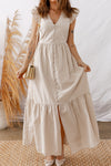 Elegant Women's Khaki Striped Maxi Dress with Flutter Sleeves, Button Front, and Side Slit for a Chic Summer Look