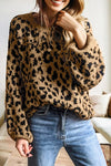 Effortlessly Chic Women's Light Beige Ribbed Leopard Print Sweater with Drop Shoulders and Round Neck for Everyday Style