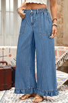 Plus Size Women's Ashleigh Blue Ruffled Wide Leg Denim Pants - Comfortable Elastic Waist for a Stylish Fit