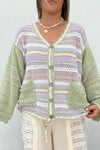 Stylish Women's Multicolor Striped Knit Cardigan with Color Block Design, V-Neck, Button Closure, and Cozy Patch Pockets