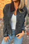 Chic Women's Black Corduroy Denim Jacket with Zipper, Stylish Collar for Effortless Casual Looks