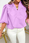 Women's Elegant Women's Floral Phalaenopsis V-Neck Blouse with Puffy Half Sleeves and Soft Fit - Stylish Stitched Detail
