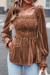 Women's Chestnut Velvet Smocked Babydoll Top - Chic Ribbed Design for Effortless Everyday Elegance and Comfort