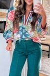 Sky Blue Floral Blouse for Women - V-Neck, Cuffed Bracelet Sleeves, Stylish & Comfortable for Casual Outings