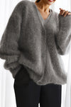Cozy Women's Gray V-Neck Fuzzy Knit Mohair Cardigan Sweater - Stylish Layering Essential for Every Occasion
