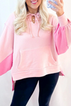Trendy Women's Light Pink Color Block Hoodie with Balloon Sleeves & Kangaroo Pocket – Chic High-Low Fashion Top