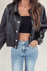 Black Faux Leather Snap Button Collared Patched Pocket Jacket
