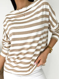 Khaki Boat Neck Striped Long Sleeve Top