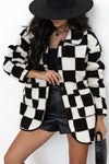 Cozy Women's Black Checkered Fleece Jacket with Side Pockets and Collared Button-Up Design for Effortless Style