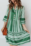 Women's Green Boho Ethnic Print Casual Dress with Half Button and 3/4 Sleeves for Effortless Summer Style