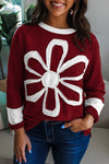 Women's Casual Red Dahlia Long Sleeve Top with Cheerful Daisy Flower Patch - Stylish Round Neck Shirt for Everyday Wear