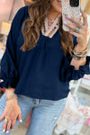 Stylish Women's Flounced Sleeve Blouse in Dirty Blue with Leopard Trim - Casual V-Neck Top for Chic Everyday Wear