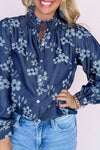 Women's Stylish Blue Floral Button-Down Shirt with Frilled Neck and Long Sleeves for a Comfortable Fit