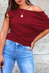 Burgundy Plus Size Women's Asymmetric Neck Short Sleeve Blouse - Chic, Comfortable Style for Everyday Wear
