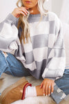 Chic Women's Gray Checkered Bishop Sleeve Sweater - Cozy Knit Top with Trendy Puff Sleeves for Stylish Fall Looks