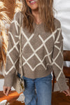 Trendy Brown V-Neck Knit Sweater for Women with Ribbed Trim and Cozy Rhombus Pattern for Relaxed Style