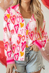 Casual Chic Women's Pink Heart Print Loose-Fit Shirt with Striped Trim - Perfect Everyday Top for Effortless Style