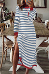 Chic Sky Blue Striped Midi Dress for Women with Long Sleeves, Contrast Edges, and Stylish Side Slits