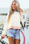 Trendy Beige Oversized Sweatshirt for Women with Star Patchwork and Exposed Seams – Cozy Casual Style for Everyday Wear