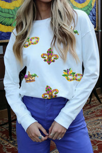 Women's Mardi Gras Sequin Fleur-de-Lis White Long Sleeve Top