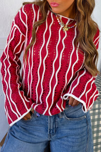 Women's Racing Red Wavy Knit Long Sleeve Sweater - Stylish Hollow Out Cotton Pullover for Trendy Fall Looks