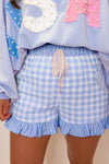 Women's Trendy Sky Blue Gingham Ruffle Lace Tie Shorts for Women - Stylish Summer Casual Wear with Striped Detail