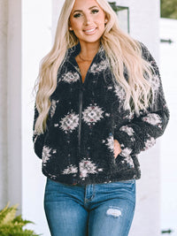 black-aztec-pattern-zipper-collared-sherpa-jacket