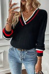 Effortlessly Chic Women's Black V-Neck Sweater with Striped Trim & Drop Shoulder for Stylish Comfort