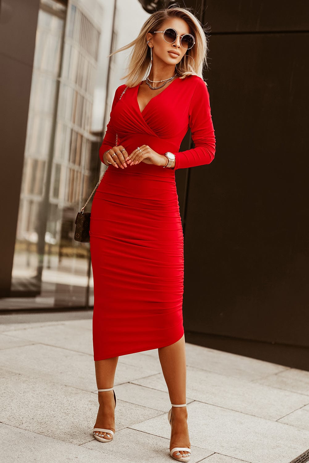 fitted lace wedding dress CHICME Women's Bodycon Long Sleeve Dress Casual Plunge V Neck Ruched Midi  Dress Fall Bodycon Slit Office Work Dresses Brown-S at Amazon Women's  Clothing store main image 0
