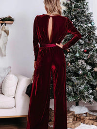 Fiery Red Velvet Pocketed Cut out Back Wide Leg Jumpsuit