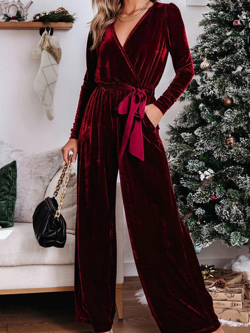 Red Velvet V-Neck Wide Leg Jumpsuit with Waist Tie