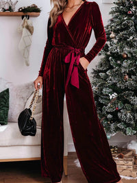 Red Velvet V-Neck Wide Leg Jumpsuit with Waist Tie