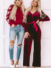 Fiery Red Velvet Pocketed Cut out Back Wide Leg Jumpsuit