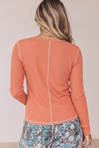 $7.8 Flamingo V Neck Ribbed Stitched Detail Long Sleeve Top Wholesale