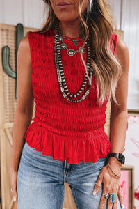 Flattering Fiery Red Shirred Ruffle Hem Tank Top for Women - Slim Fit Summer Fashion Essential with Chic Details
