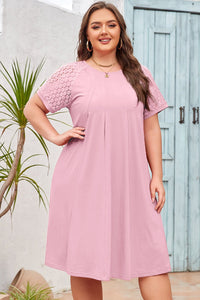 flattering plus size light pink lace swing dress for women - short sleeve, pleated style great for a variety of occasions with practical styling and