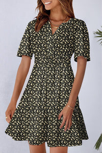 Women's Flattering Women's Black Floral Print Mini Dress with V-Neck, Short Sleeves, and High Waist for Effortless Style
