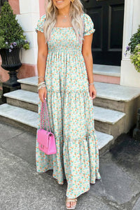 Flattering Women's Green Floral Maxi Dress with Short Bubble Sleeves and Shirred High Waist for Effortless Style