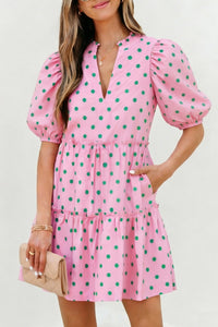 
Flattering Women's Pink Polka Dot V-Neck Mini Dress - Short Sleeve, Tiered Style Perfect for Summer Events and Outings
