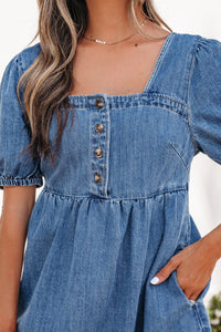 Prussian Blue Button Square Neck Short Puff Sleeve Denim Mini Dress