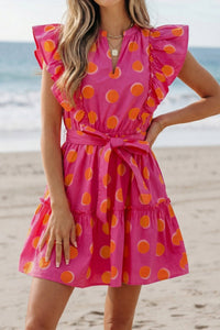 Flattering Women's Rose Polka Dot V-Neck Ruffled Short Sleeve Dress for Casual and Party Occasions