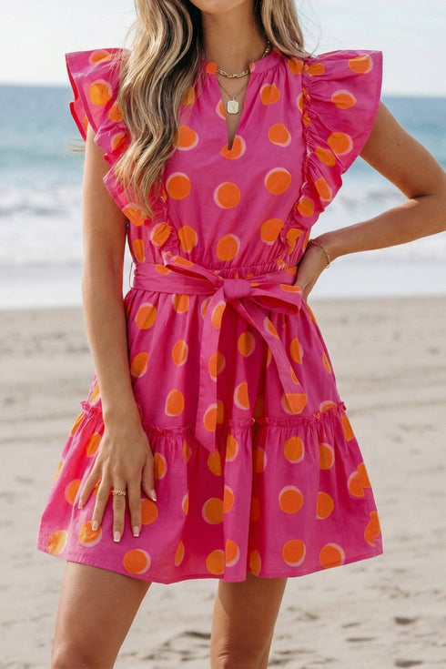 Flattering Women's Rose Polka Dot V-Neck Ruffled Short Sleeve Dress for Casual and Party Occasions