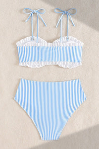 Sky Blue Stripe Tie Straps Colorblock Ruffle Trim Sexy 2pcs Bikinis